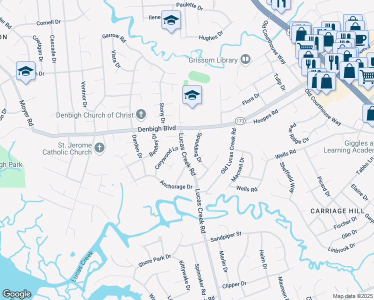 map of restaurants, bars, coffee shops, grocery stores, and more near 728 Lucas Creek Road in Newport News