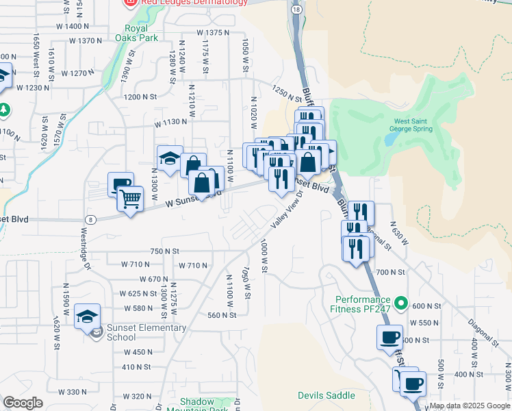 map of restaurants, bars, coffee shops, grocery stores, and more near 845 North Valley View Drive in St. George