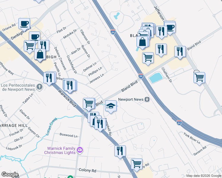 map of restaurants, bars, coffee shops, grocery stores, and more near 451 Spratley Circle in Newport News