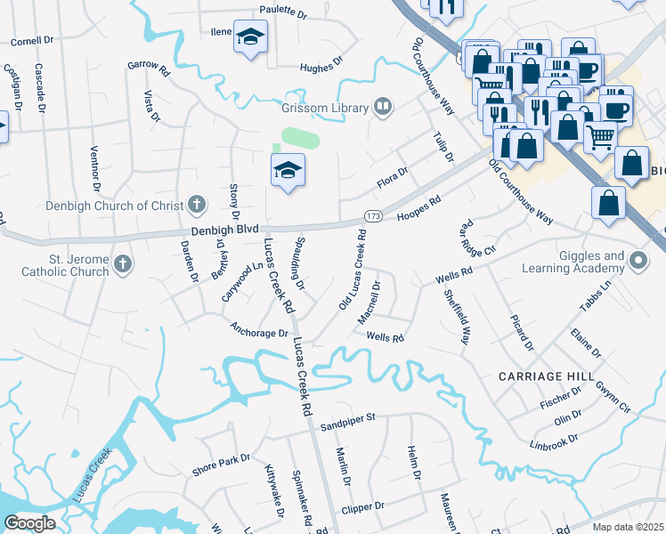 map of restaurants, bars, coffee shops, grocery stores, and more near 799 Selkirk Drive in Newport News