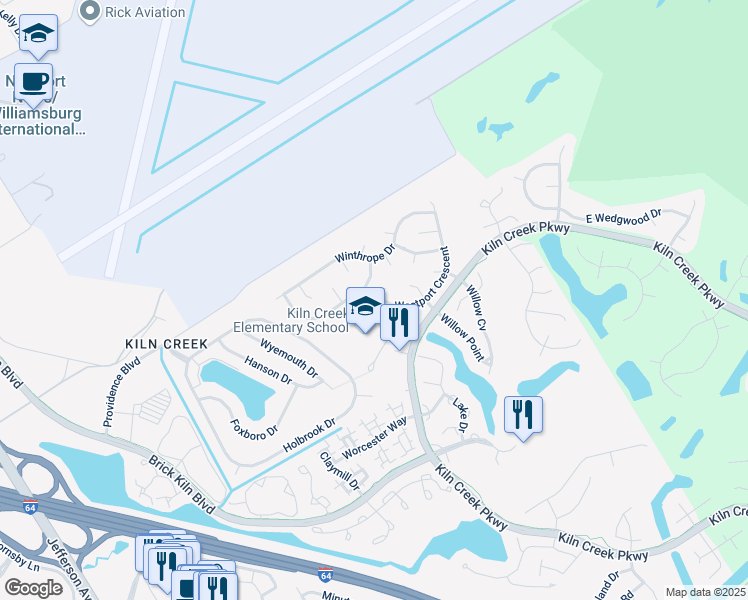 map of restaurants, bars, coffee shops, grocery stores, and more near 1504 Westport Crescent in Newport News