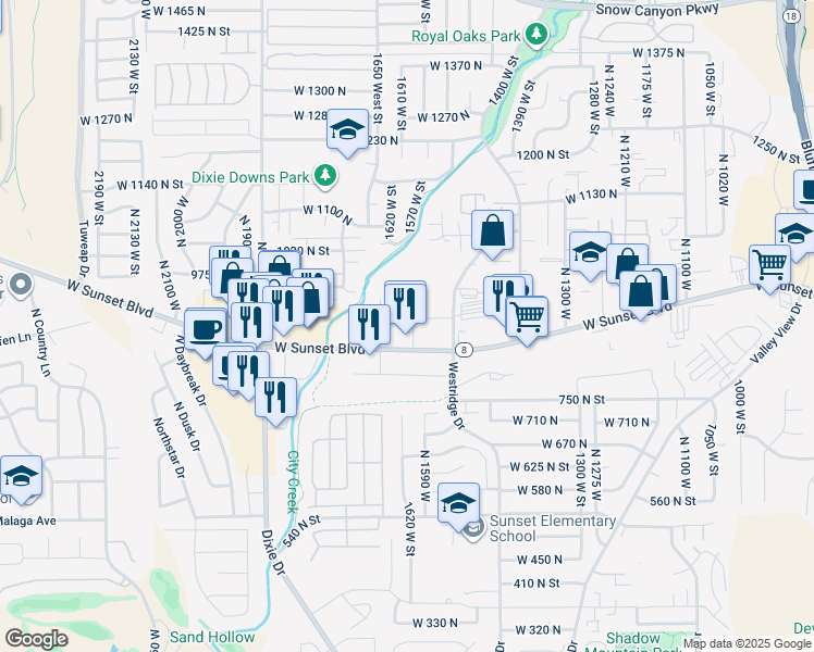 map of restaurants, bars, coffee shops, grocery stores, and more near 1594 West Sunset Boulevard in St. George