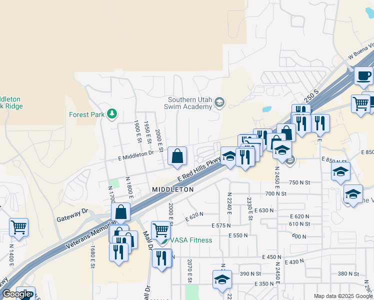 map of restaurants, bars, coffee shops, grocery stores, and more near 2056 East Middleton Drive in St. George