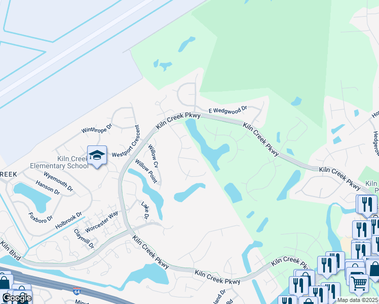 map of restaurants, bars, coffee shops, grocery stores, and more near 1804 Bay Cliff Court in Newport News