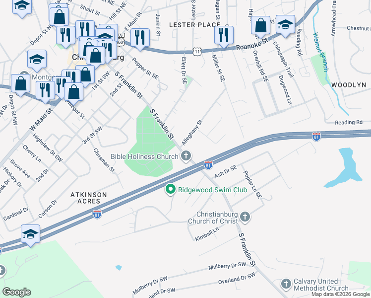 map of restaurants, bars, coffee shops, grocery stores, and more near 602 South Franklin Street in Christiansburg