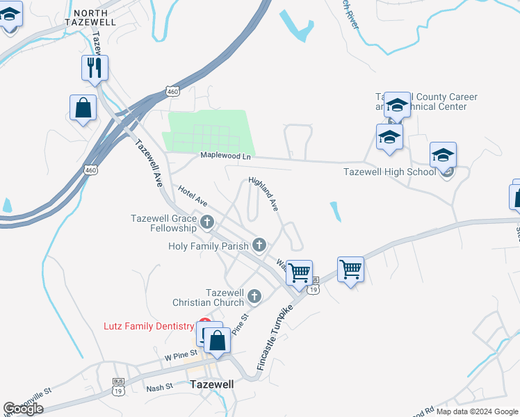 map of restaurants, bars, coffee shops, grocery stores, and more near 307 Highland Avenue in Tazewell
