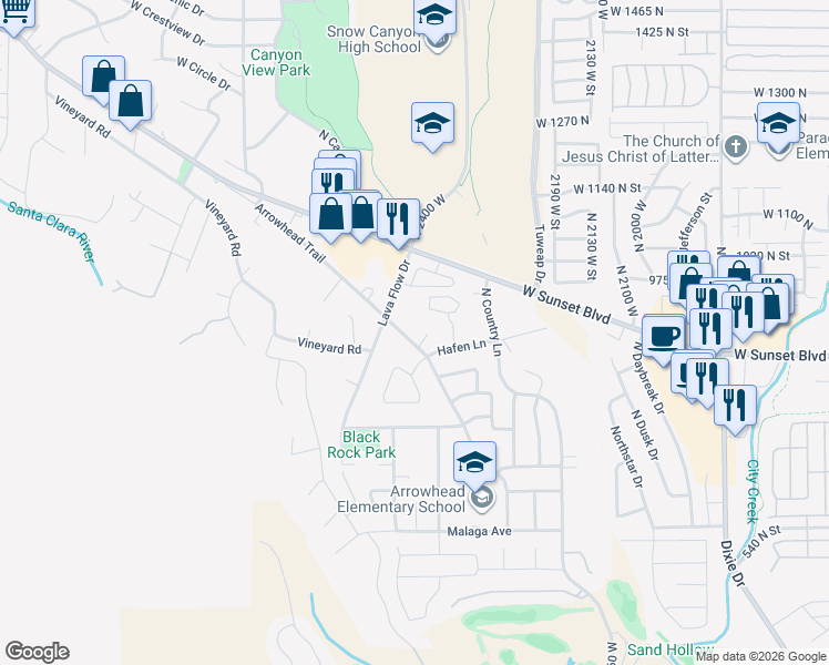 map of restaurants, bars, coffee shops, grocery stores, and more near 2186 Arrowhead Trail in Santa Clara