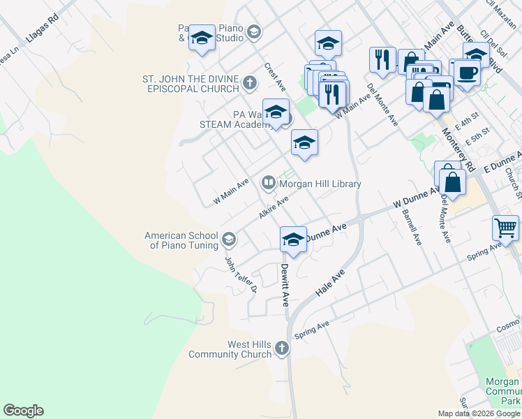 map of restaurants, bars, coffee shops, grocery stores, and more near 735 Alkire Avenue in Morgan Hill