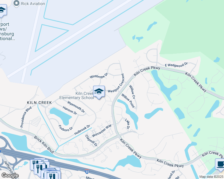 map of restaurants, bars, coffee shops, grocery stores, and more near 1521 Westport Crescent in Newport News