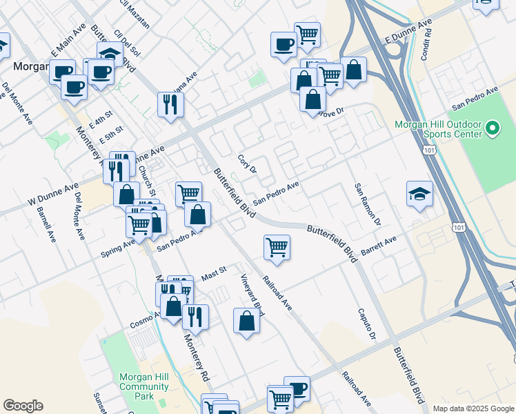 map of restaurants, bars, coffee shops, grocery stores, and more near 340 San Pedro Avenue in Morgan Hill