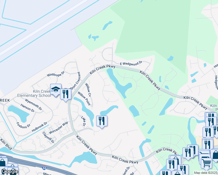map of restaurants, bars, coffee shops, grocery stores, and more near 1804 Bay Cliff Court in Newport News