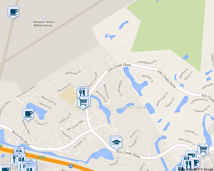 map of restaurants, bars, coffee shops, grocery stores, and more near 1638 Willow Cove in Newport News