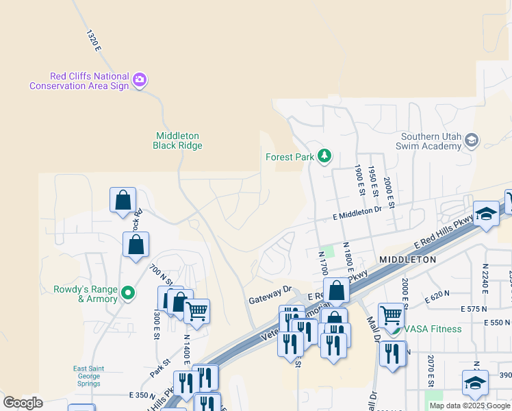 map of restaurants, bars, coffee shops, grocery stores, and more near Grand Heights Drive in St. George