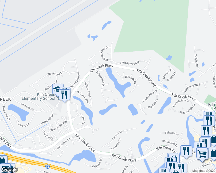 map of restaurants, bars, coffee shops, grocery stores, and more near 1804 Bay Cliff Court in Newport News