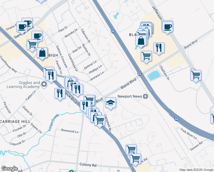 map of restaurants, bars, coffee shops, grocery stores, and more near 451 Spratley Circle in Newport News
