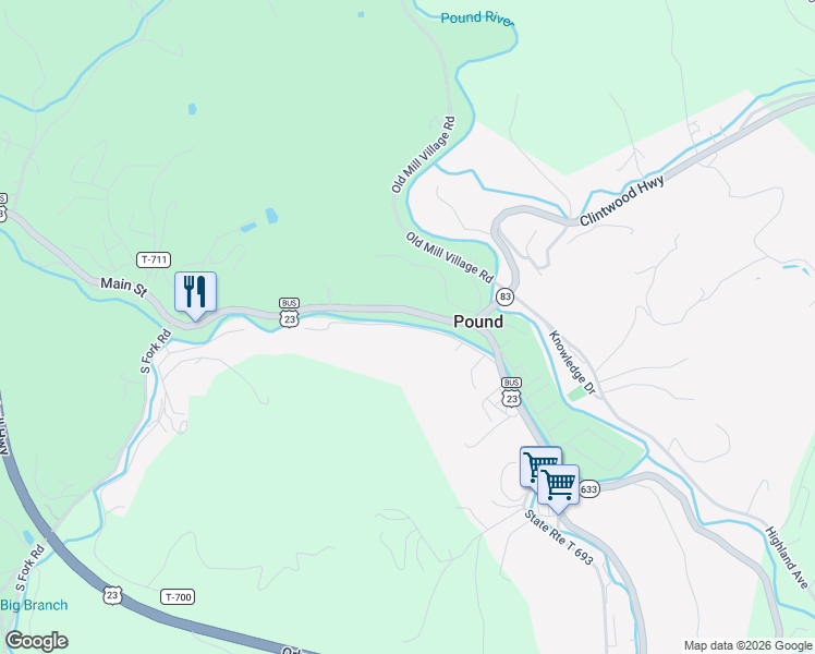 map of restaurants, bars, coffee shops, grocery stores, and more near State Route T-749 in Pound