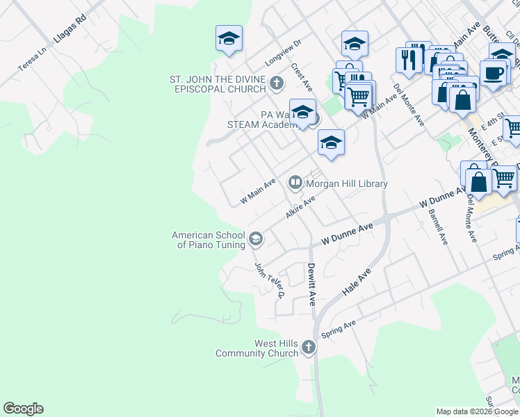 map of restaurants, bars, coffee shops, grocery stores, and more near 867 La Giralda Court in Morgan Hill