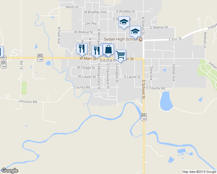 map of restaurants, bars, coffee shops, grocery stores, and more near 101 East County Road in Sedan