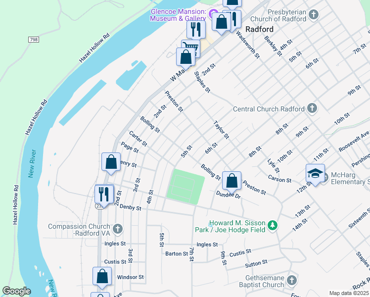 map of restaurants, bars, coffee shops, grocery stores, and more near 406 Bolling Street in Radford