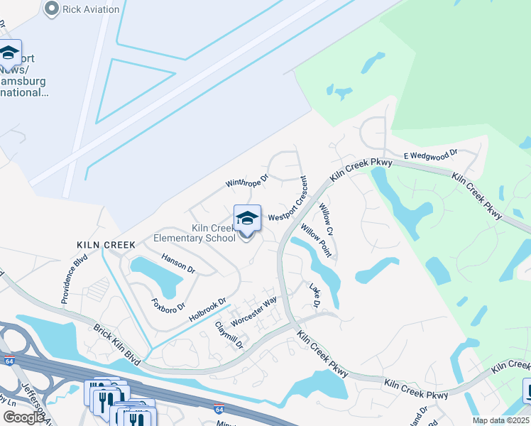 map of restaurants, bars, coffee shops, grocery stores, and more near 1504 Westport Crescent in Newport News