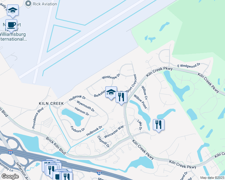 map of restaurants, bars, coffee shops, grocery stores, and more near 1502 Westport Crescent in Newport News