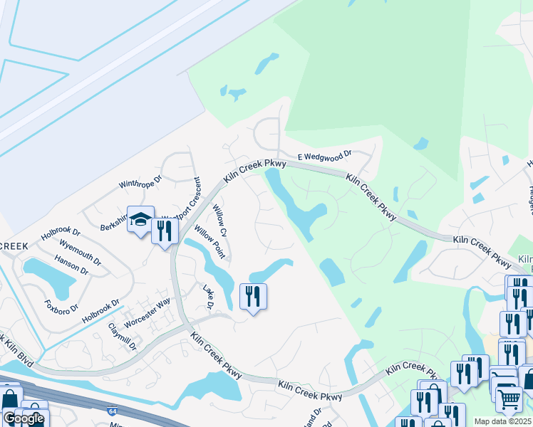 map of restaurants, bars, coffee shops, grocery stores, and more near 1802 Bay Cliff Court in Newport News