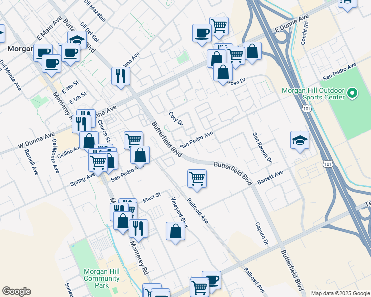 map of restaurants, bars, coffee shops, grocery stores, and more near 380 San Pedro Avenue in Morgan Hill