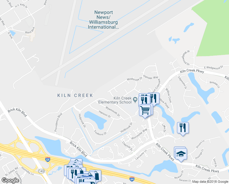 map of restaurants, bars, coffee shops, grocery stores, and more near 805 Ward Court in Newport News