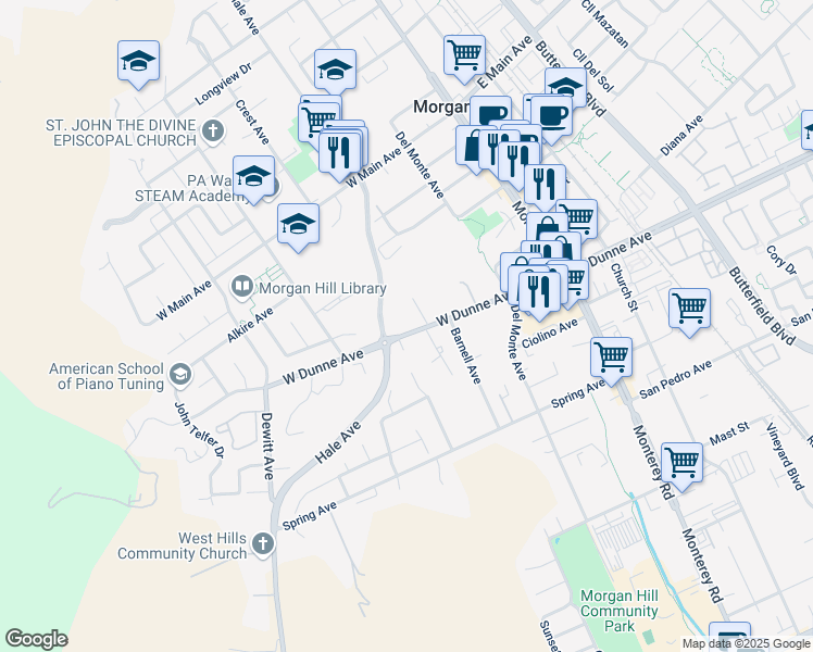 map of restaurants, bars, coffee shops, grocery stores, and more near 271 West Dunne Avenue in Morgan Hill