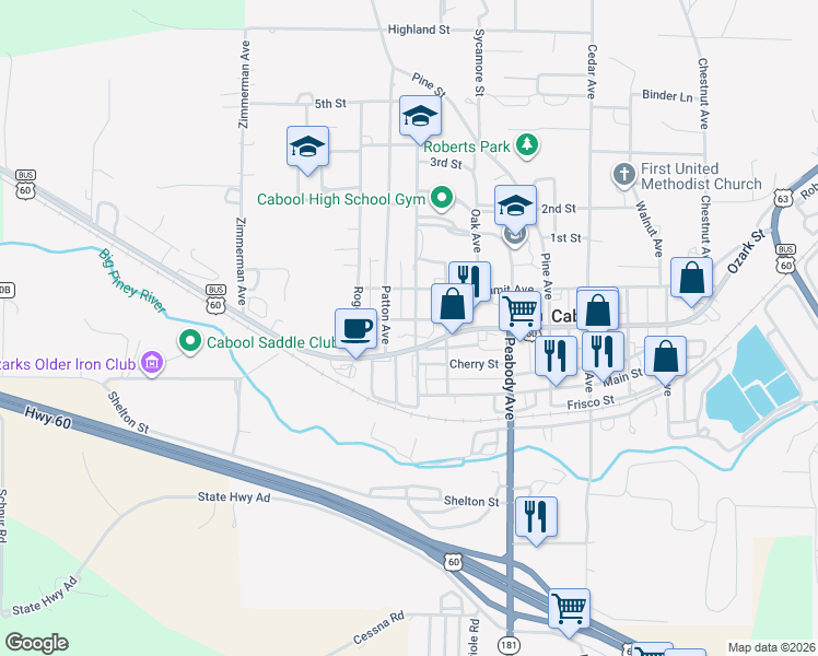 map of restaurants, bars, coffee shops, grocery stores, and more near 619 Garst Street in Cabool