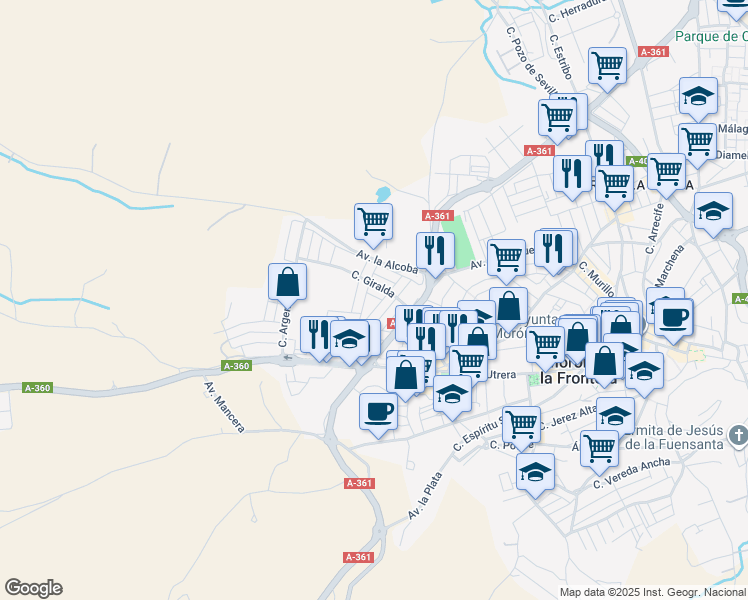 map of restaurants, bars, coffee shops, grocery stores, and more near 5 Calle Mezquita in Morón de la Frontera