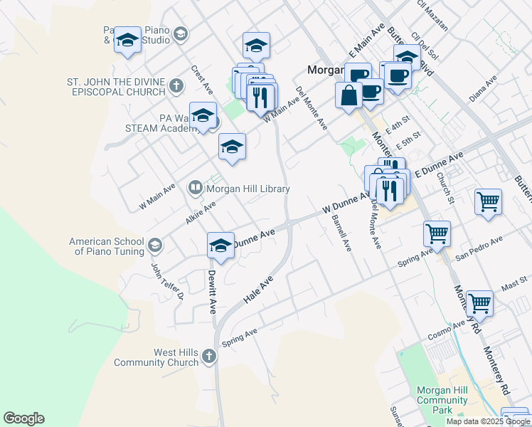 map of restaurants, bars, coffee shops, grocery stores, and more near 17090 Peak Avenue in Morgan Hill
