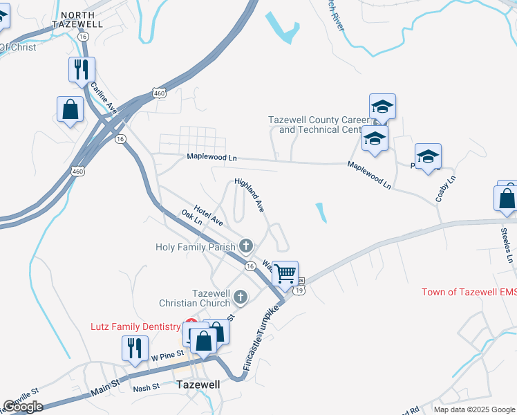 map of restaurants, bars, coffee shops, grocery stores, and more near 307 Highland Avenue in Tazewell