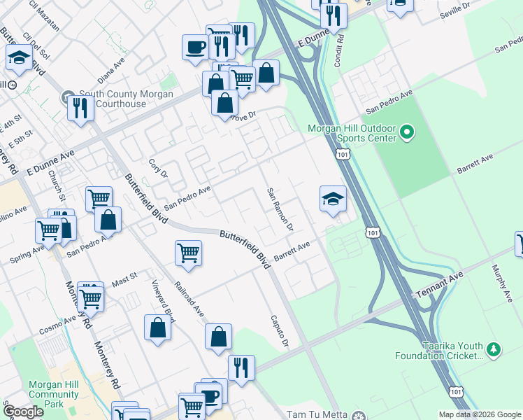 map of restaurants, bars, coffee shops, grocery stores, and more near 703 San Gabriel Avenue in Morgan Hill