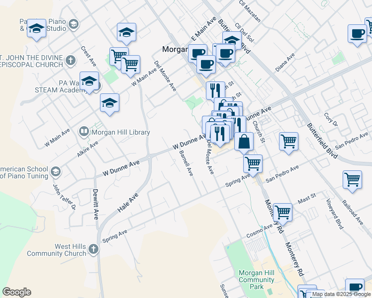 map of restaurants, bars, coffee shops, grocery stores, and more near 16983 Barnell Avenue in Morgan Hill