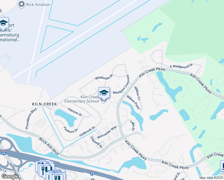 map of restaurants, bars, coffee shops, grocery stores, and more near 1504 Westport Crescent in Newport News