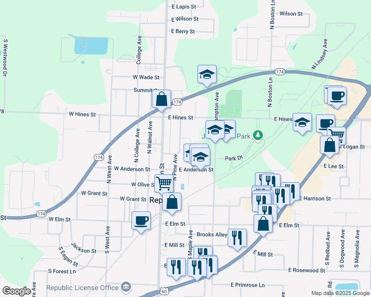 map of restaurants, bars, coffee shops, grocery stores, and more near 508 N Pine Ave in Republic