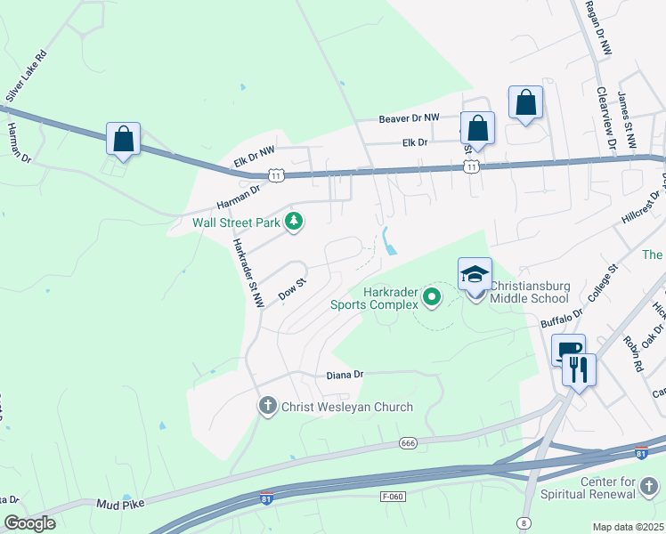 map of restaurants, bars, coffee shops, grocery stores, and more near 505 Keystone Drive in Christiansburg