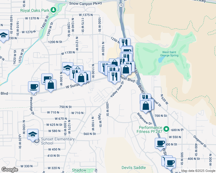 map of restaurants, bars, coffee shops, grocery stores, and more near 845 North Valley View Drive in St. George