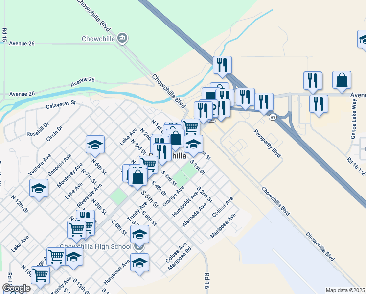 map of restaurants, bars, coffee shops, grocery stores, and more near 47 Robertson Boulevard in Chowchilla