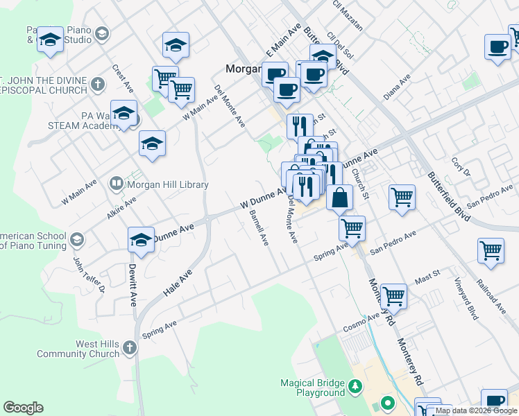 map of restaurants, bars, coffee shops, grocery stores, and more near 16983 Barnell Avenue in Morgan Hill