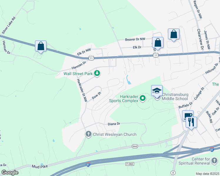 map of restaurants, bars, coffee shops, grocery stores, and more near 505 Keystone Drive in Christiansburg