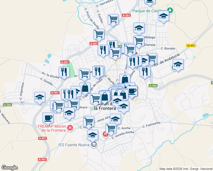 map of restaurants, bars, coffee shops, grocery stores, and more near 1E Calle Río Eresma in Morón de la Frontera