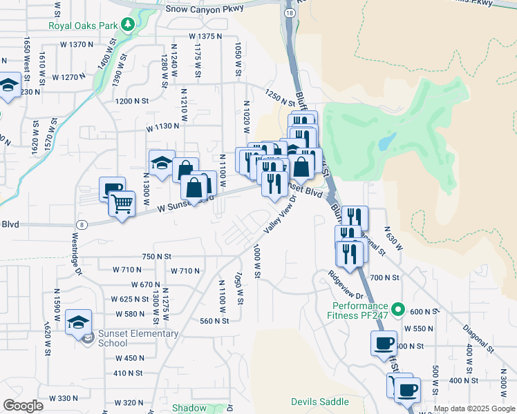 map of restaurants, bars, coffee shops, grocery stores, and more near 845 North Valley View Drive in St. George