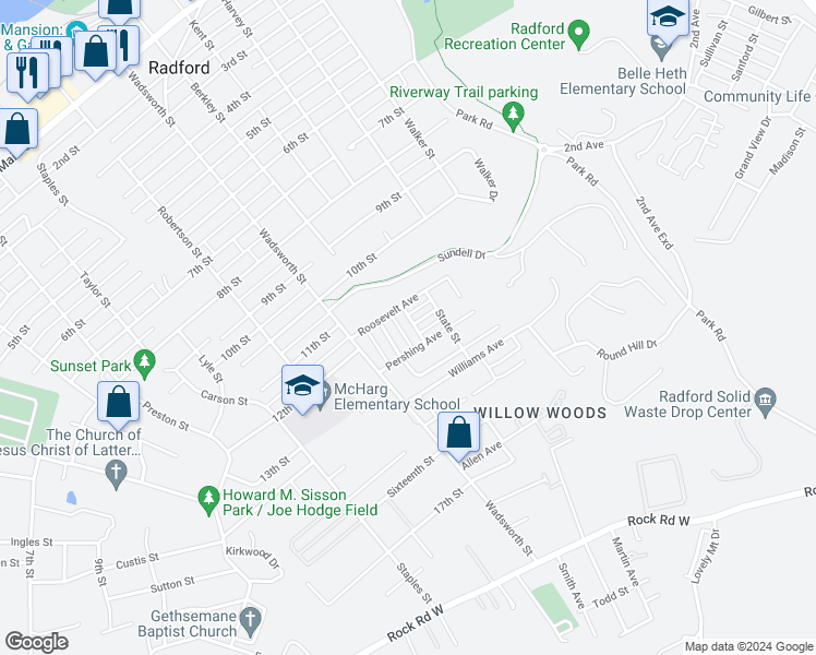 map of restaurants, bars, coffee shops, grocery stores, and more near 1208 Federal Street in Radford