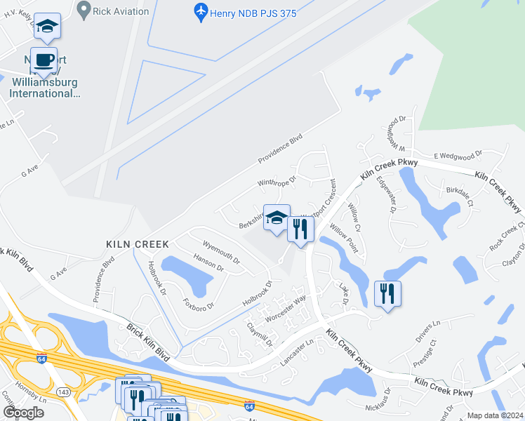 map of restaurants, bars, coffee shops, grocery stores, and more near 802 Irongate Court in Newport News