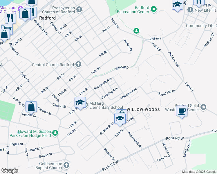 map of restaurants, bars, coffee shops, grocery stores, and more near 1208 Federal Street in Radford