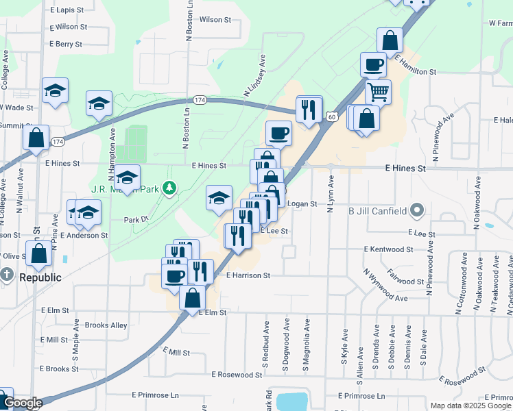 map of restaurants, bars, coffee shops, grocery stores, and more near 843 U.S. 60 in Republic