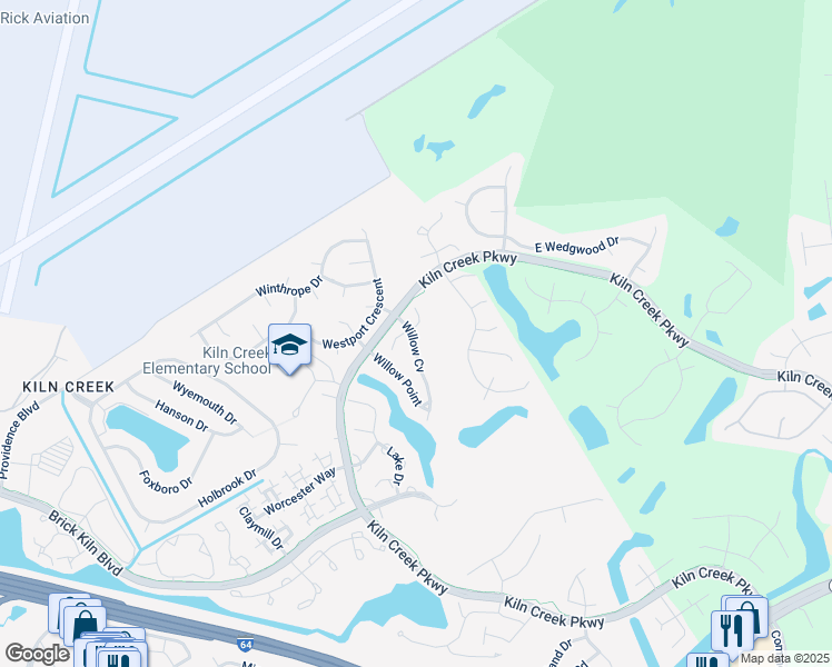 map of restaurants, bars, coffee shops, grocery stores, and more near 800 East Willow Point Place in Newport News