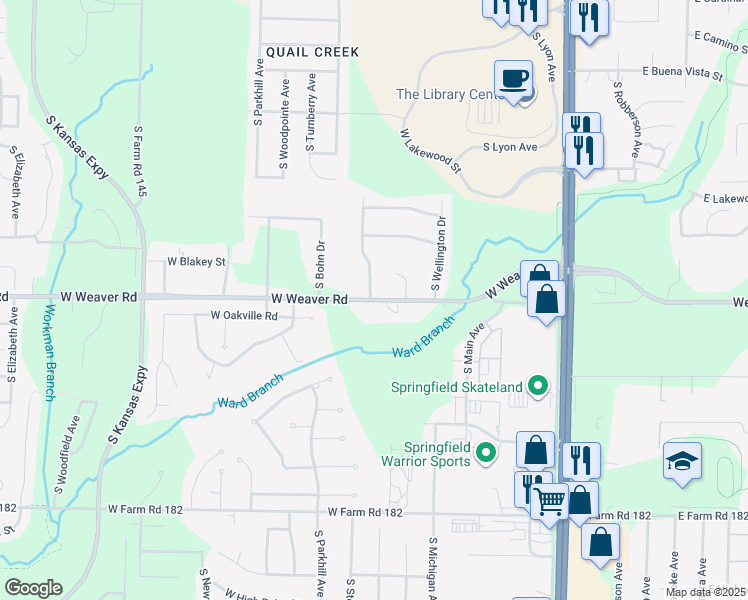 map of restaurants, bars, coffee shops, grocery stores, and more near 897 West Farm Road 178 in Springfield